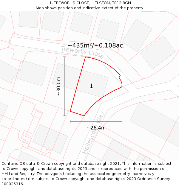 1, TREWORLIS CLOSE, HELSTON, TR13 8GN: Plot and title map