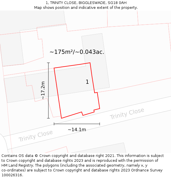 1, TRINITY CLOSE, BIGGLESWADE, SG18 0AH: Plot and title map