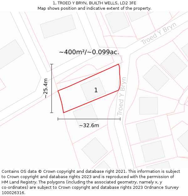 1, TROED Y BRYN, BUILTH WELLS, LD2 3FE: Plot and title map