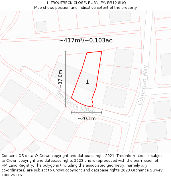 1, TROUTBECK CLOSE, BURNLEY, BB12 8UQ: Plot and title map