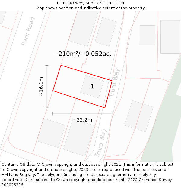 1, TRURO WAY, SPALDING, PE11 1YB: Plot and title map