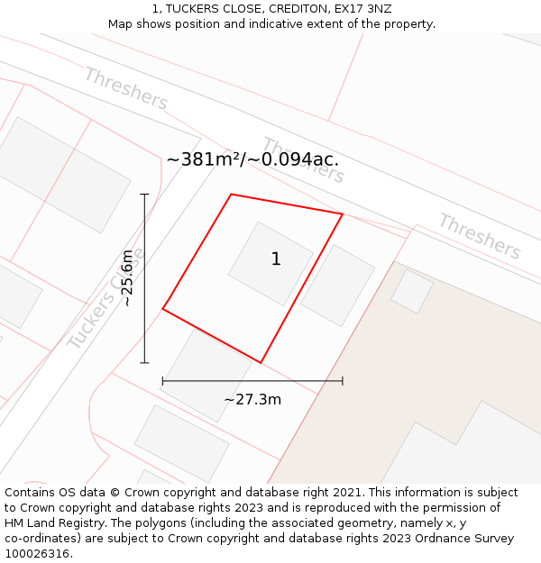 1, TUCKERS CLOSE, CREDITON, EX17 3NZ: Plot and title map