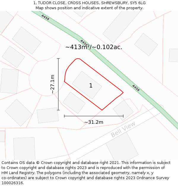 1, TUDOR CLOSE, CROSS HOUSES, SHREWSBURY, SY5 6LG: Plot and title map