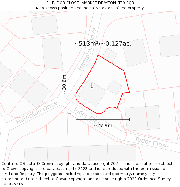 1, TUDOR CLOSE, MARKET DRAYTON, TF9 3QR: Plot and title map