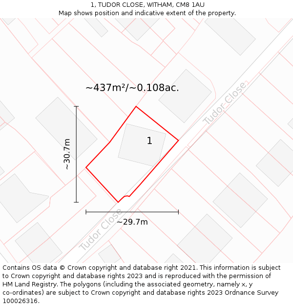 1, TUDOR CLOSE, WITHAM, CM8 1AU: Plot and title map