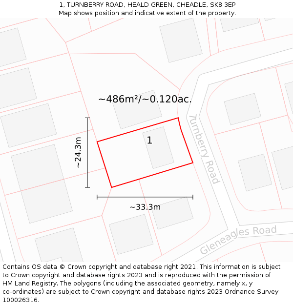 1, TURNBERRY ROAD, HEALD GREEN, CHEADLE, SK8 3EP: Plot and title map