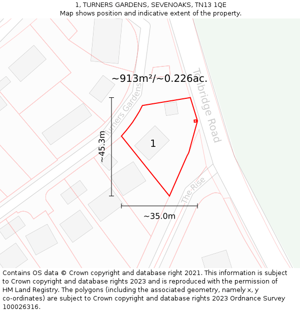 1, TURNERS GARDENS, SEVENOAKS, TN13 1QE: Plot and title map
