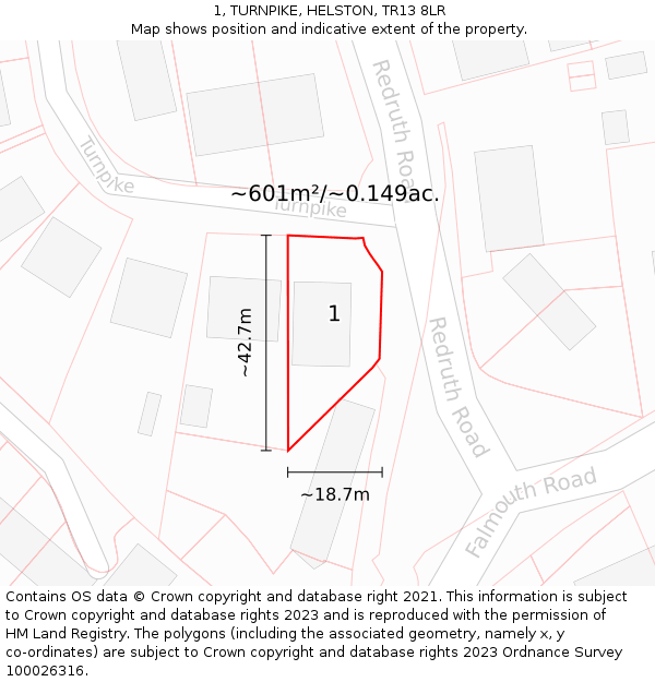 1, TURNPIKE, HELSTON, TR13 8LR: Plot and title map