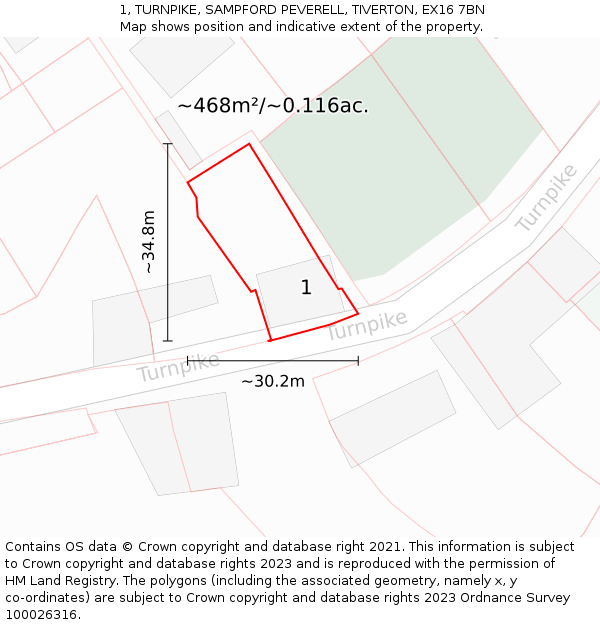 1, TURNPIKE, SAMPFORD PEVERELL, TIVERTON, EX16 7BN: Plot and title map