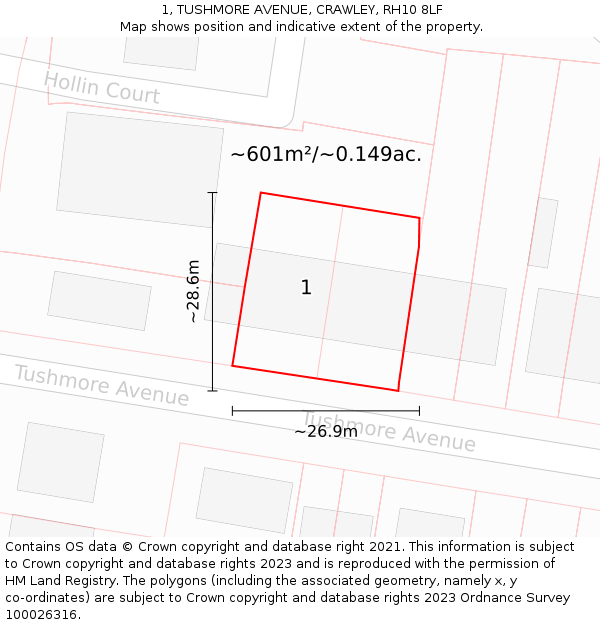 1, TUSHMORE AVENUE, CRAWLEY, RH10 8LF: Plot and title map