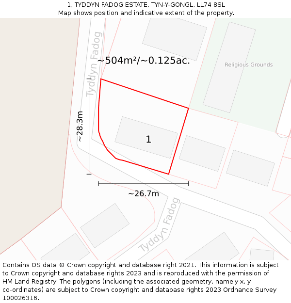 1, TYDDYN FADOG ESTATE, TYN-Y-GONGL, LL74 8SL: Plot and title map