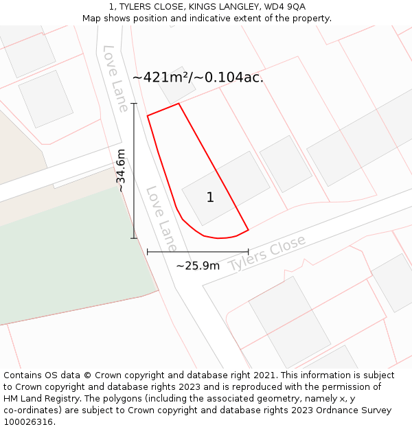 1, TYLERS CLOSE, KINGS LANGLEY, WD4 9QA: Plot and title map