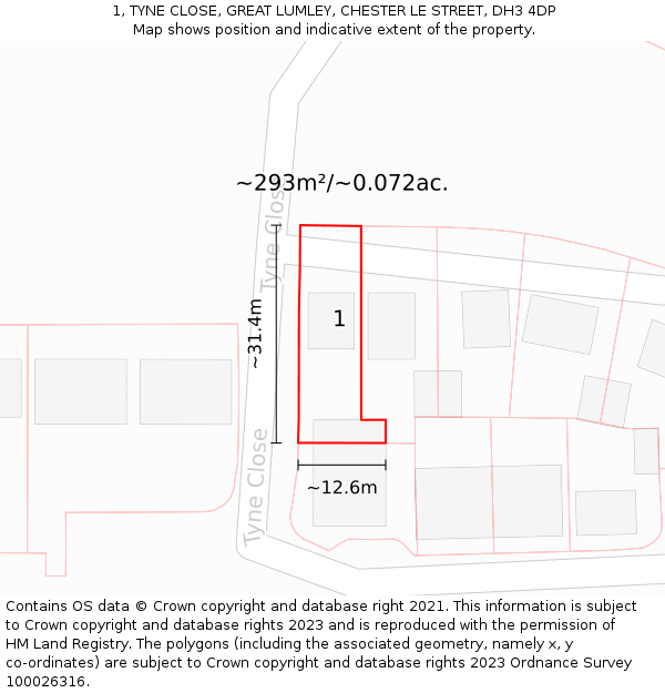 1, TYNE CLOSE, GREAT LUMLEY, CHESTER LE STREET, DH3 4DP: Plot and title map