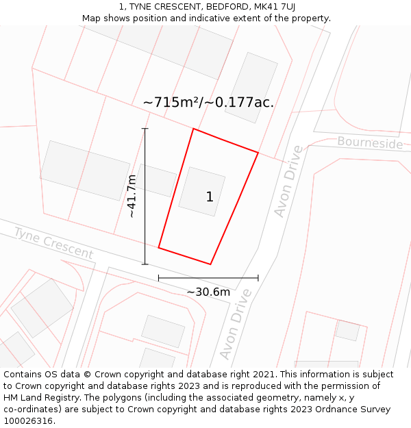 1, TYNE CRESCENT, BEDFORD, MK41 7UJ: Plot and title map