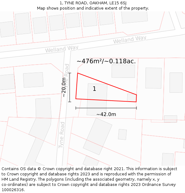 1, TYNE ROAD, OAKHAM, LE15 6SJ: Plot and title map