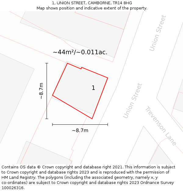 1, UNION STREET, CAMBORNE, TR14 8HG: Plot and title map