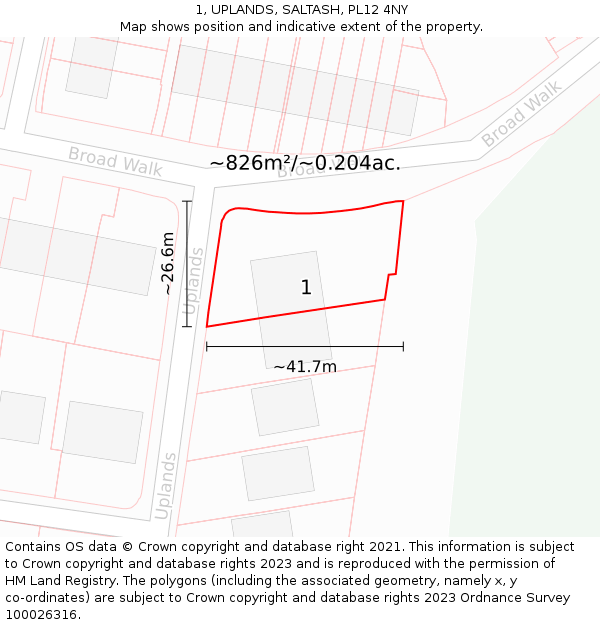 1, UPLANDS, SALTASH, PL12 4NY: Plot and title map