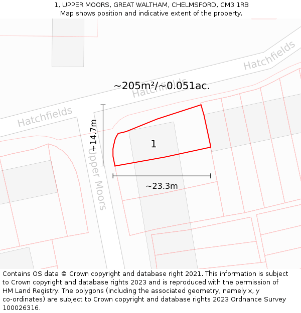 1, UPPER MOORS, GREAT WALTHAM, CHELMSFORD, CM3 1RB: Plot and title map