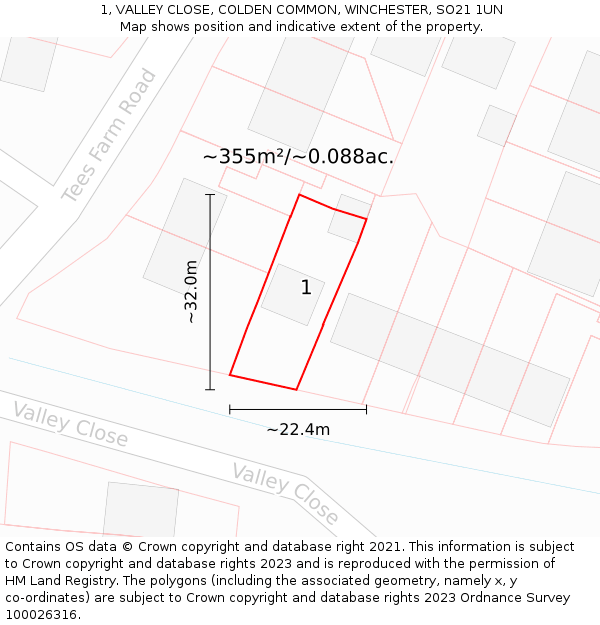 1, VALLEY CLOSE, COLDEN COMMON, WINCHESTER, SO21 1UN: Plot and title map