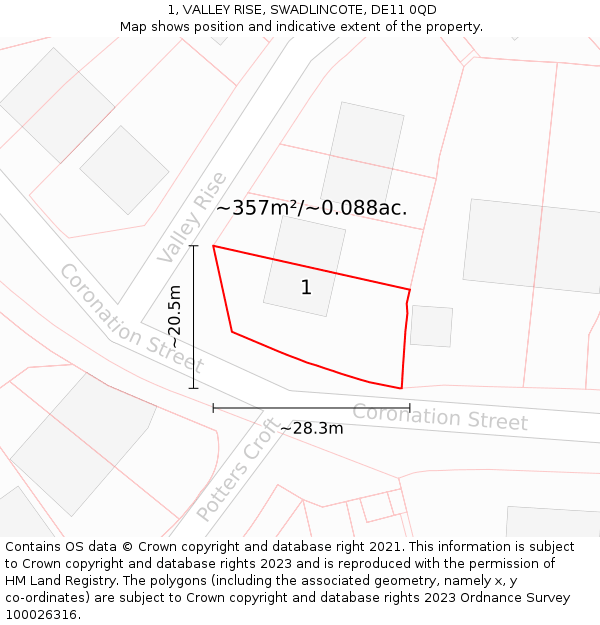 1, VALLEY RISE, SWADLINCOTE, DE11 0QD: Plot and title map