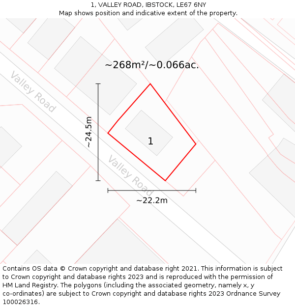 1, VALLEY ROAD, IBSTOCK, LE67 6NY: Plot and title map