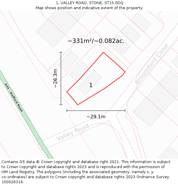 1, VALLEY ROAD, STONE, ST15 0DQ: Plot and title map