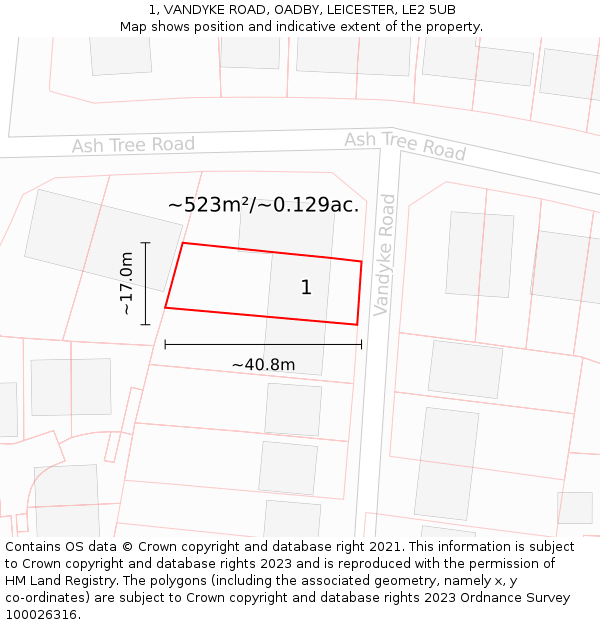 1, VANDYKE ROAD, OADBY, LEICESTER, LE2 5UB: Plot and title map