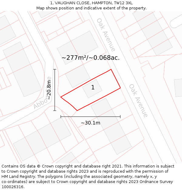 1, VAUGHAN CLOSE, HAMPTON, TW12 3XL: Plot and title map