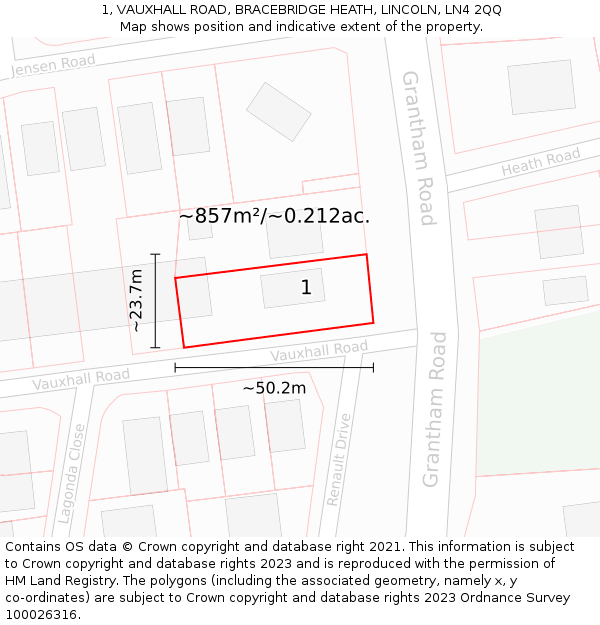 1, VAUXHALL ROAD, BRACEBRIDGE HEATH, LINCOLN, LN4 2QQ: Plot and title map