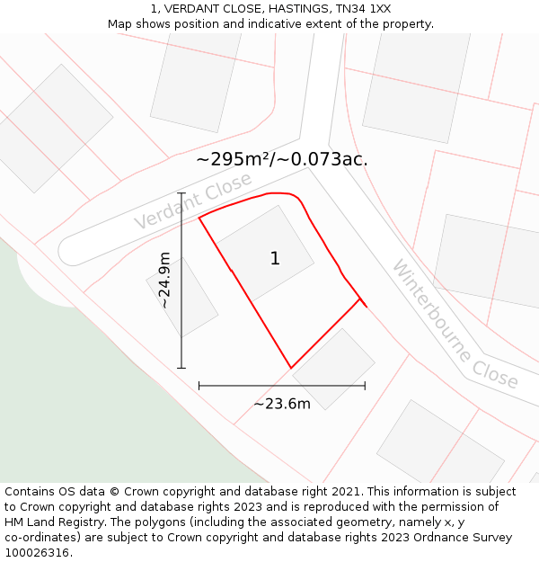 1, VERDANT CLOSE, HASTINGS, TN34 1XX: Plot and title map