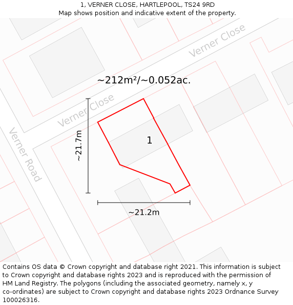 1, VERNER CLOSE, HARTLEPOOL, TS24 9RD: Plot and title map