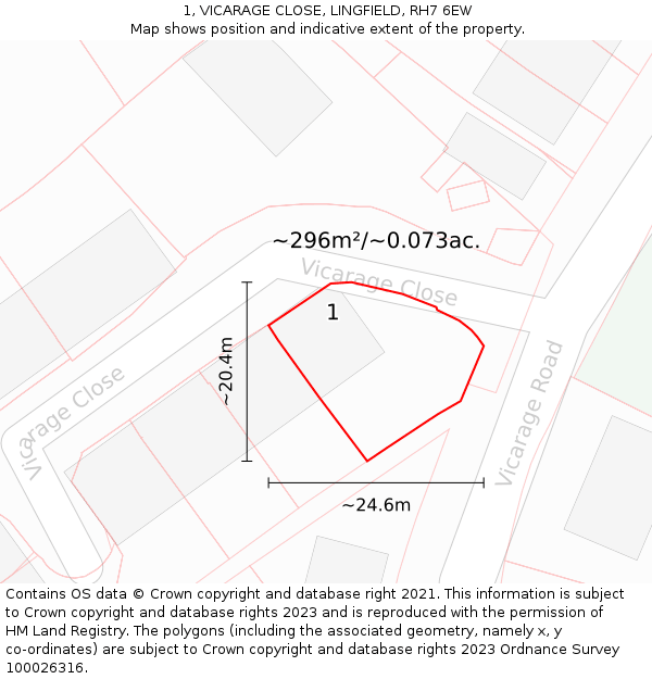 1, VICARAGE CLOSE, LINGFIELD, RH7 6EW: Plot and title map