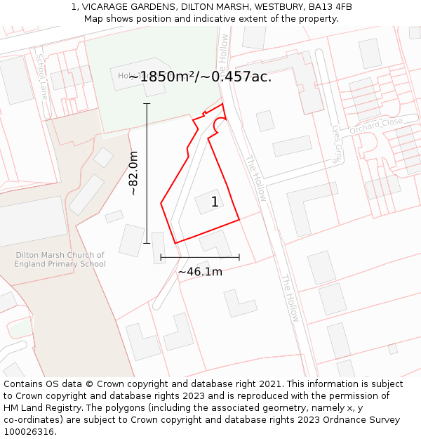 1, VICARAGE GARDENS, DILTON MARSH, WESTBURY, BA13 4FB: Plot and title map