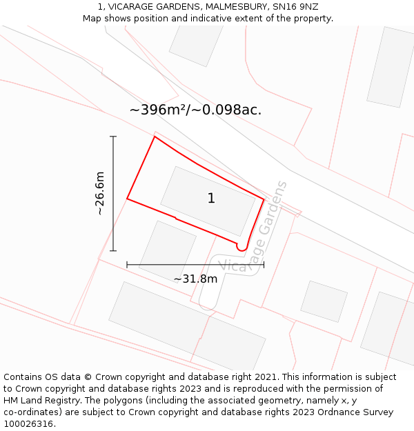 1, VICARAGE GARDENS, MALMESBURY, SN16 9NZ: Plot and title map