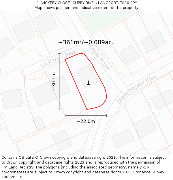 1, VICKERY CLOSE, CURRY RIVEL, LANGPORT, TA10 0PY: Plot and title map