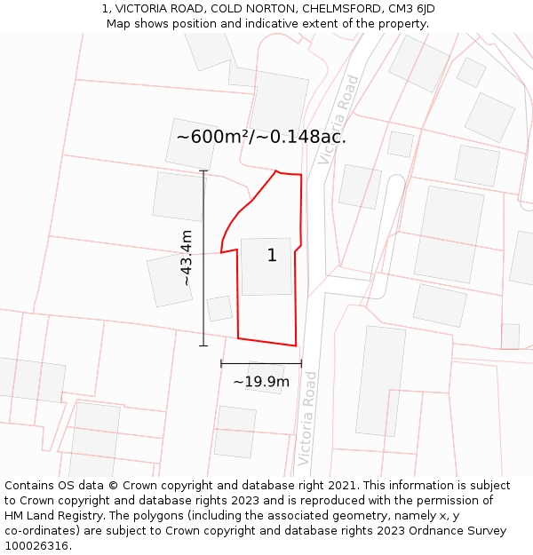 1, VICTORIA ROAD, COLD NORTON, CHELMSFORD, CM3 6JD: Plot and title map