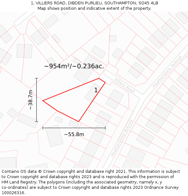 1, VILLIERS ROAD, DIBDEN PURLIEU, SOUTHAMPTON, SO45 4LB: Plot and title map