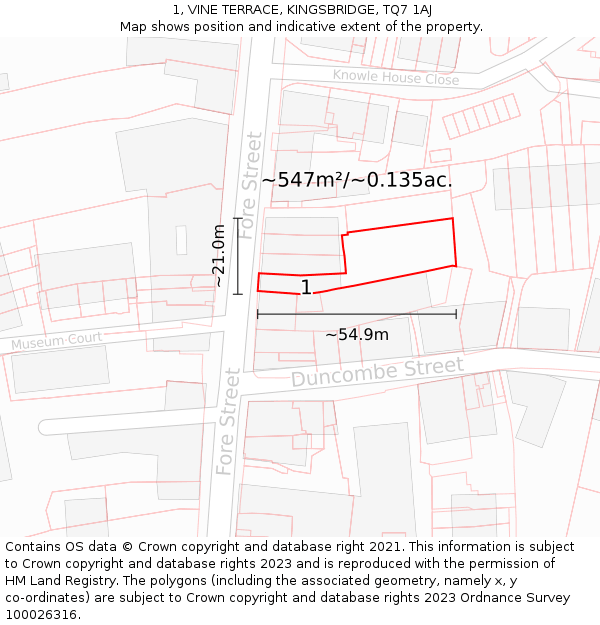 1, VINE TERRACE, KINGSBRIDGE, TQ7 1AJ: Plot and title map