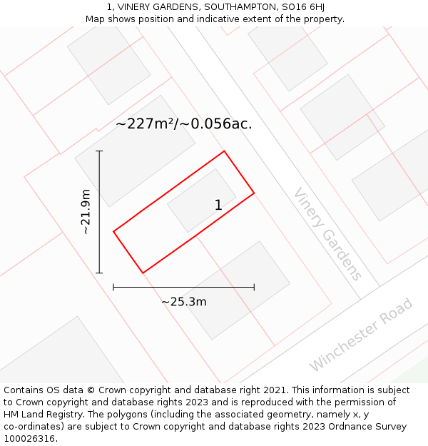 1, VINERY GARDENS, SOUTHAMPTON, SO16 6HJ: Plot and title map