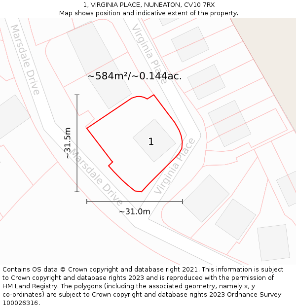 1, VIRGINIA PLACE, NUNEATON, CV10 7RX: Plot and title map