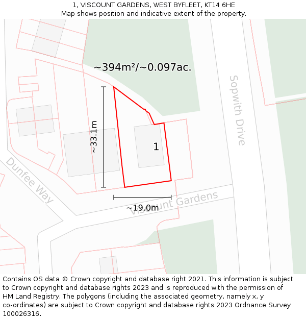 1, VISCOUNT GARDENS, WEST BYFLEET, KT14 6HE: Plot and title map