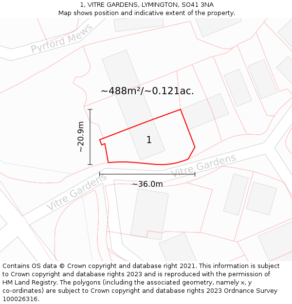 1, VITRE GARDENS, LYMINGTON, SO41 3NA: Plot and title map