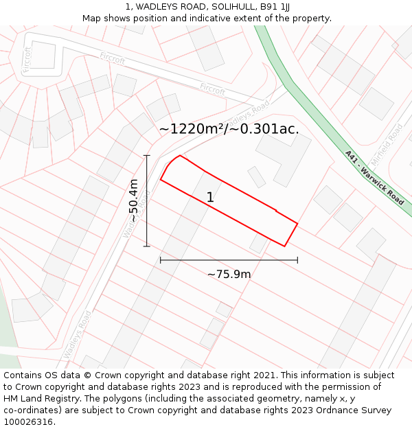 1, WADLEYS ROAD, SOLIHULL, B91 1JJ: Plot and title map