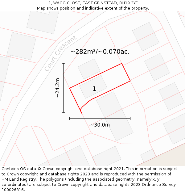 1, WAGG CLOSE, EAST GRINSTEAD, RH19 3YF: Plot and title map