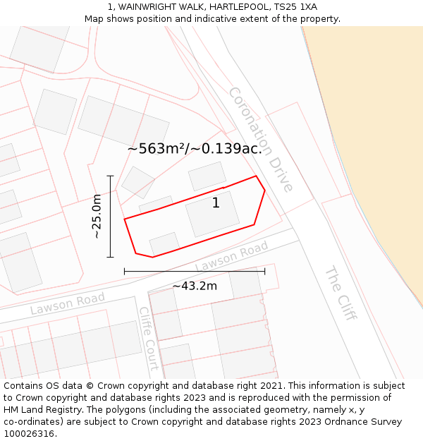 1, WAINWRIGHT WALK, HARTLEPOOL, TS25 1XA: Plot and title map