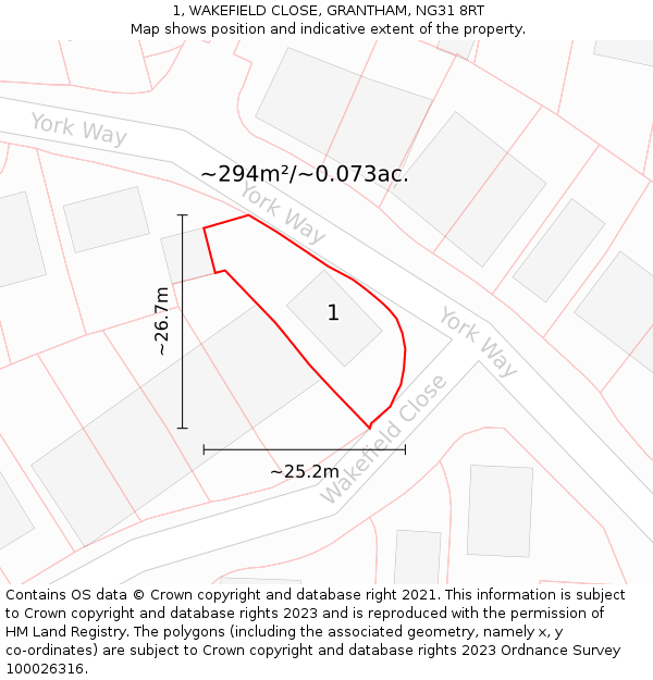 1, WAKEFIELD CLOSE, GRANTHAM, NG31 8RT: Plot and title map