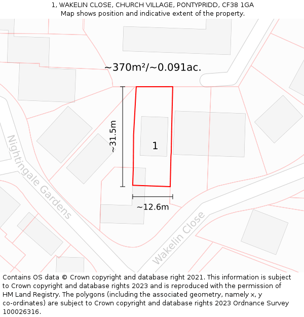 1, WAKELIN CLOSE, CHURCH VILLAGE, PONTYPRIDD, CF38 1GA: Plot and title map