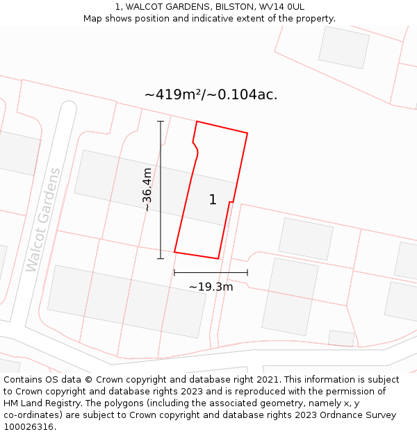 1, WALCOT GARDENS, BILSTON, WV14 0UL: Plot and title map