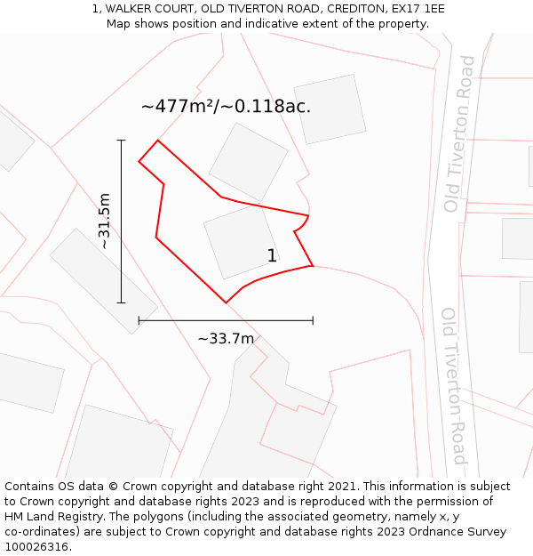 1, WALKER COURT, OLD TIVERTON ROAD, CREDITON, EX17 1EE: Plot and title map