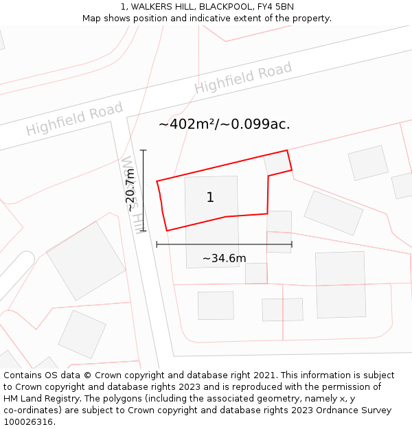 1, WALKERS HILL, BLACKPOOL, FY4 5BN: Plot and title map